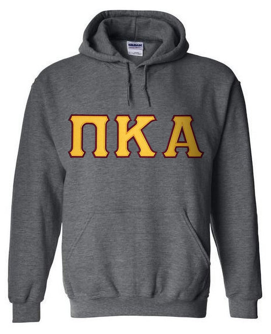 Pi Kappa Alpha Hoodie - Dark Heather - Twill Gold Letters with Garnet Outline