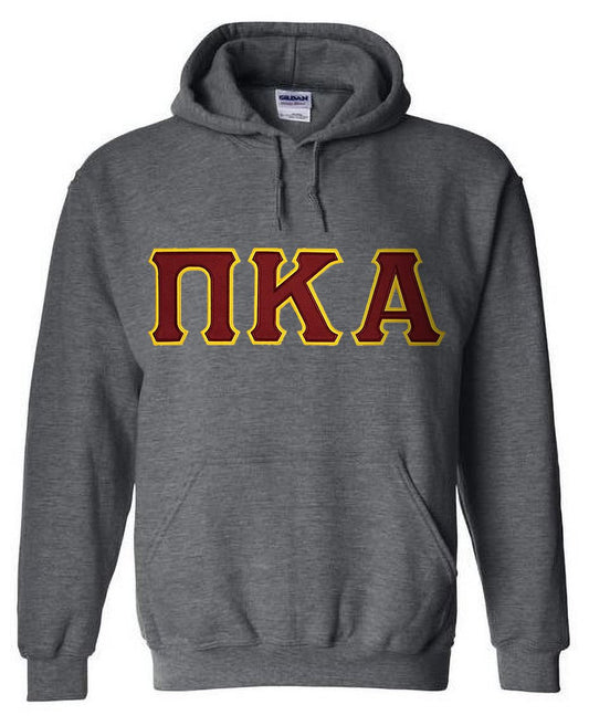 Pi Kappa Alpha Hoodie - Dark Heather - Twill Garnet Letters with Gold Outline