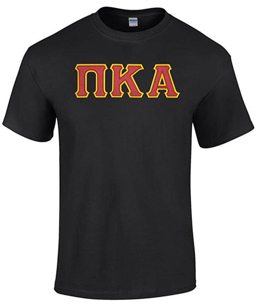 Pi Kappa Alpha T-Shirt - Black - Twill Garnet Letters with Gold Outline