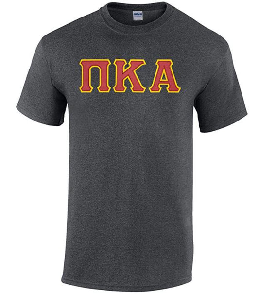 Pi Kappa Alpha T-Shirt - Dark Heather - Twill Garnet Letters with Gold Outline