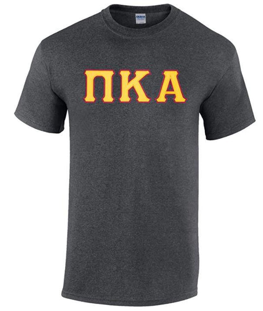 Pi Kappa Alpha T-Shirt - Dark Heather - Twill Gold Letters with Garnet Outline