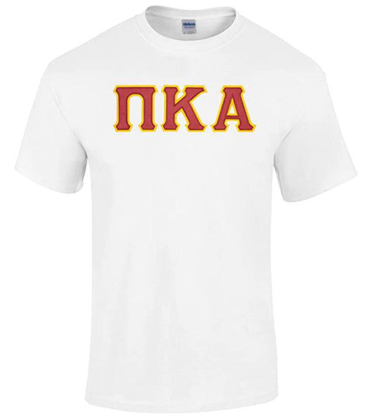 Pi Kappa Alpha T-Shirt - White - Twill Garnet Letters with Gold Outline