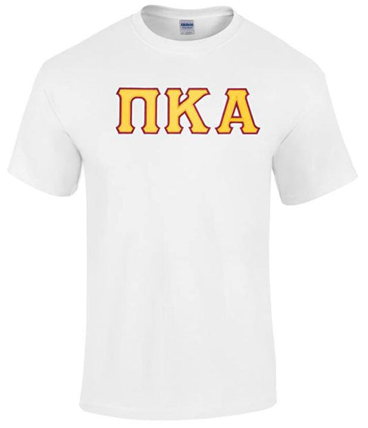 Pi Kappa Alpha T-Shirt - White - Twill Gold Letters with Garnet Outline